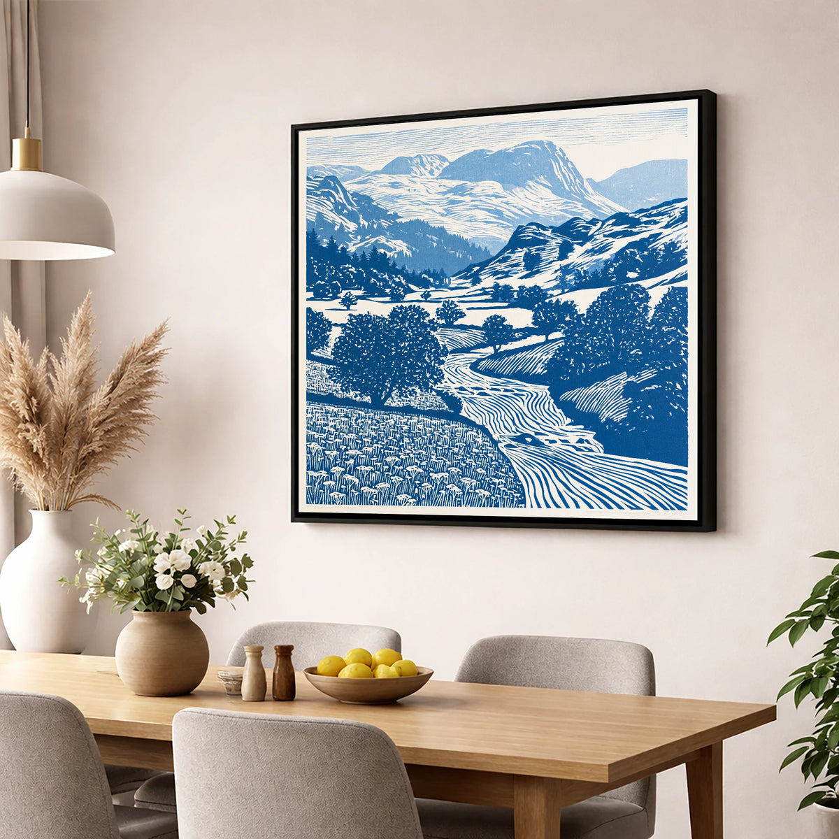 Cobalt Blue Eskdale Valley lake district valley wall art displayed in a dining room