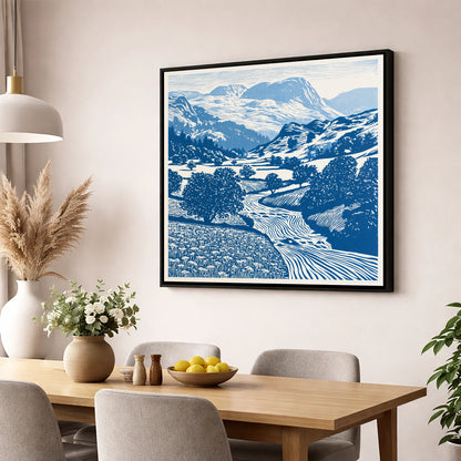 Cobalt Blue Eskdale Valley lake district valley wall art displayed in a dining room