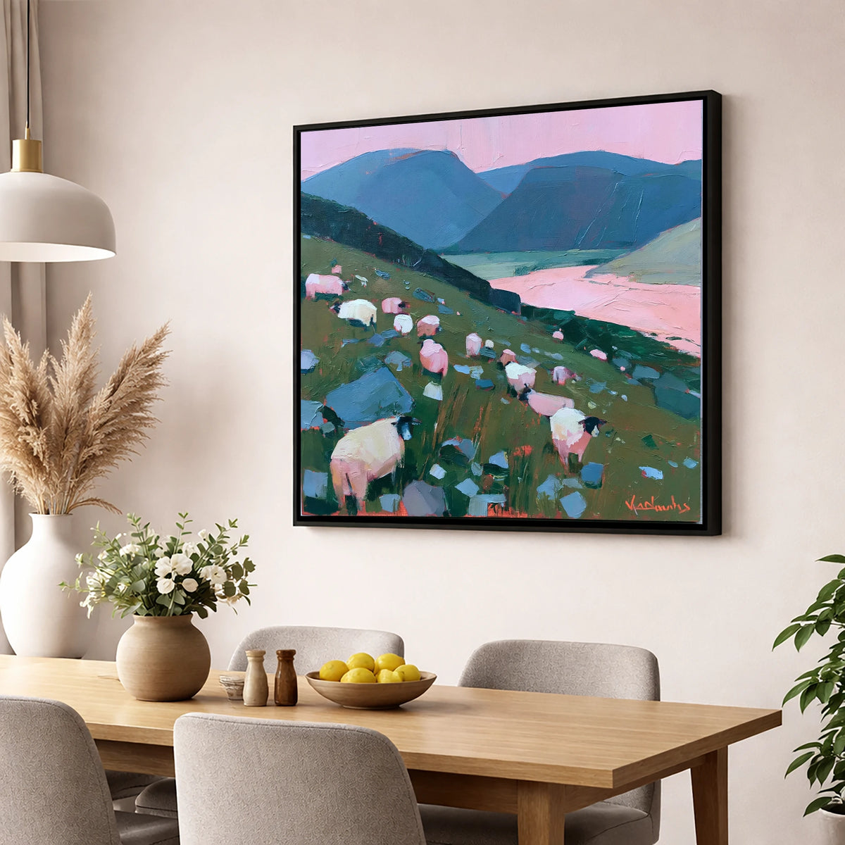 Herdwick Sheep Under Pink Skies lake district wildlife wall art displayed in a dining room