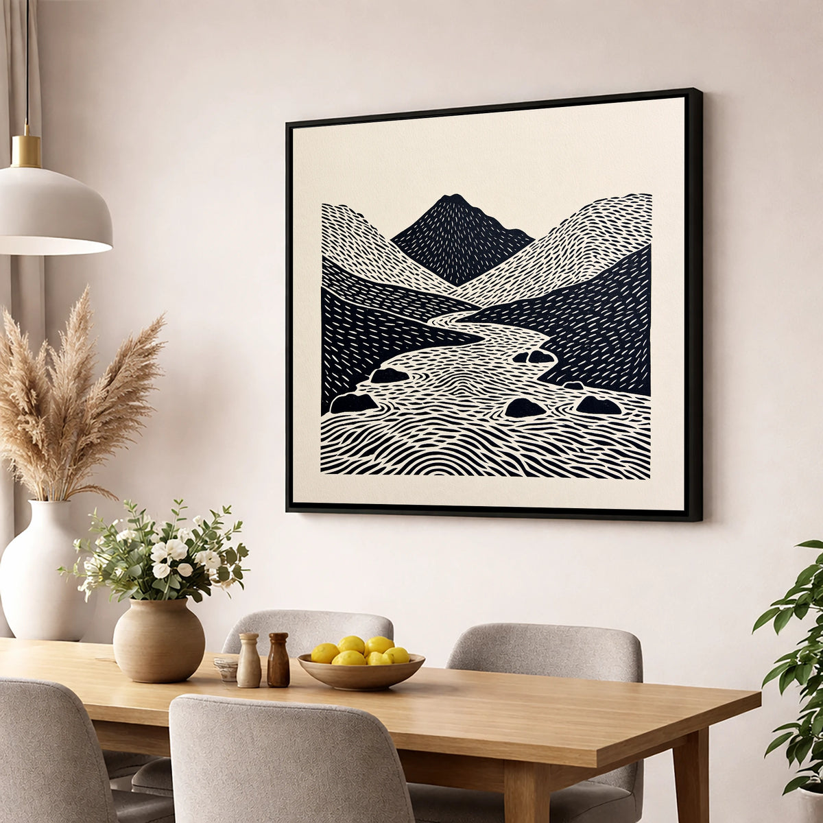 Bold Scafell Pike and Beck lake district fell wall art displayed in a dining room