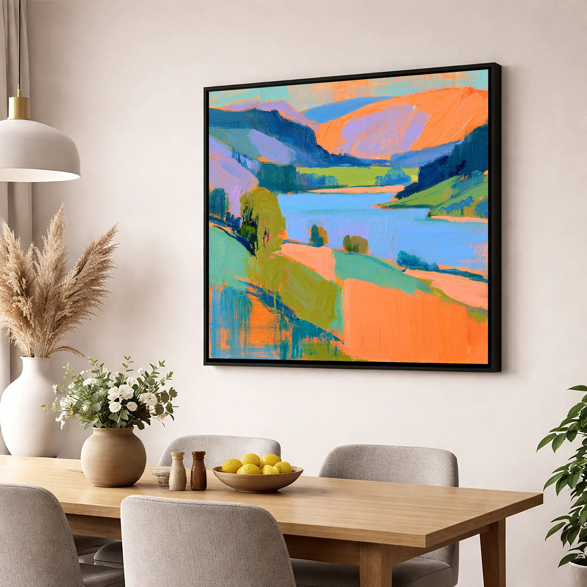 Vivid Orange Fells and Lake lake district lake wall art displayed in a dining room