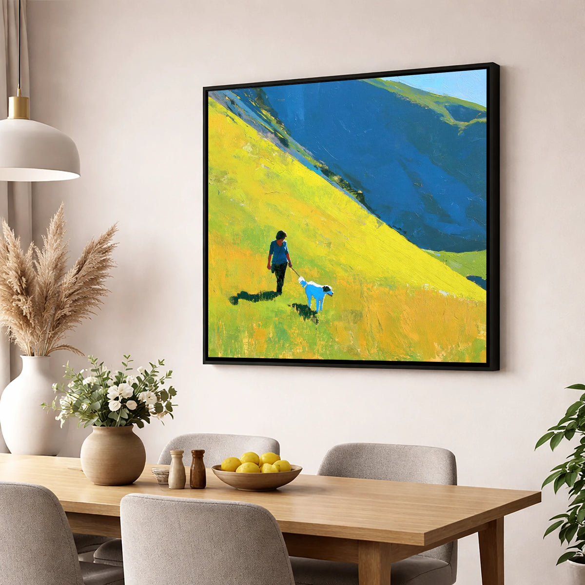 Sunlit Dog Walk on Helvellyn gifts for dog walkers wall art displayed in a dining room