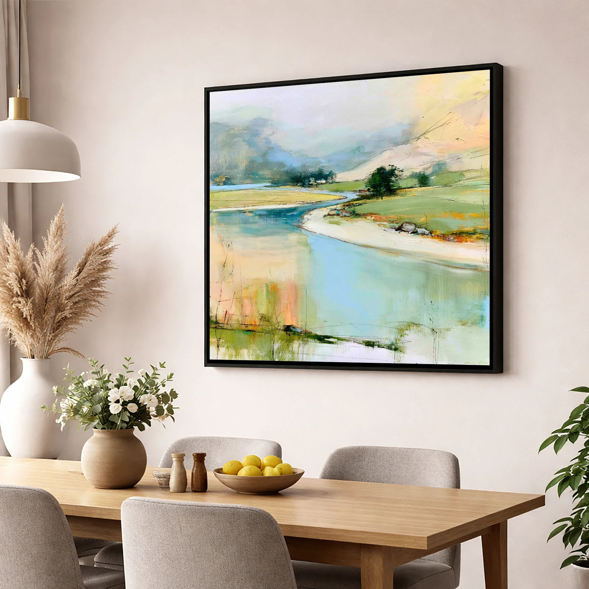 Winding River Valley in Pastel lake district waterfall wall art displayed in a dining room