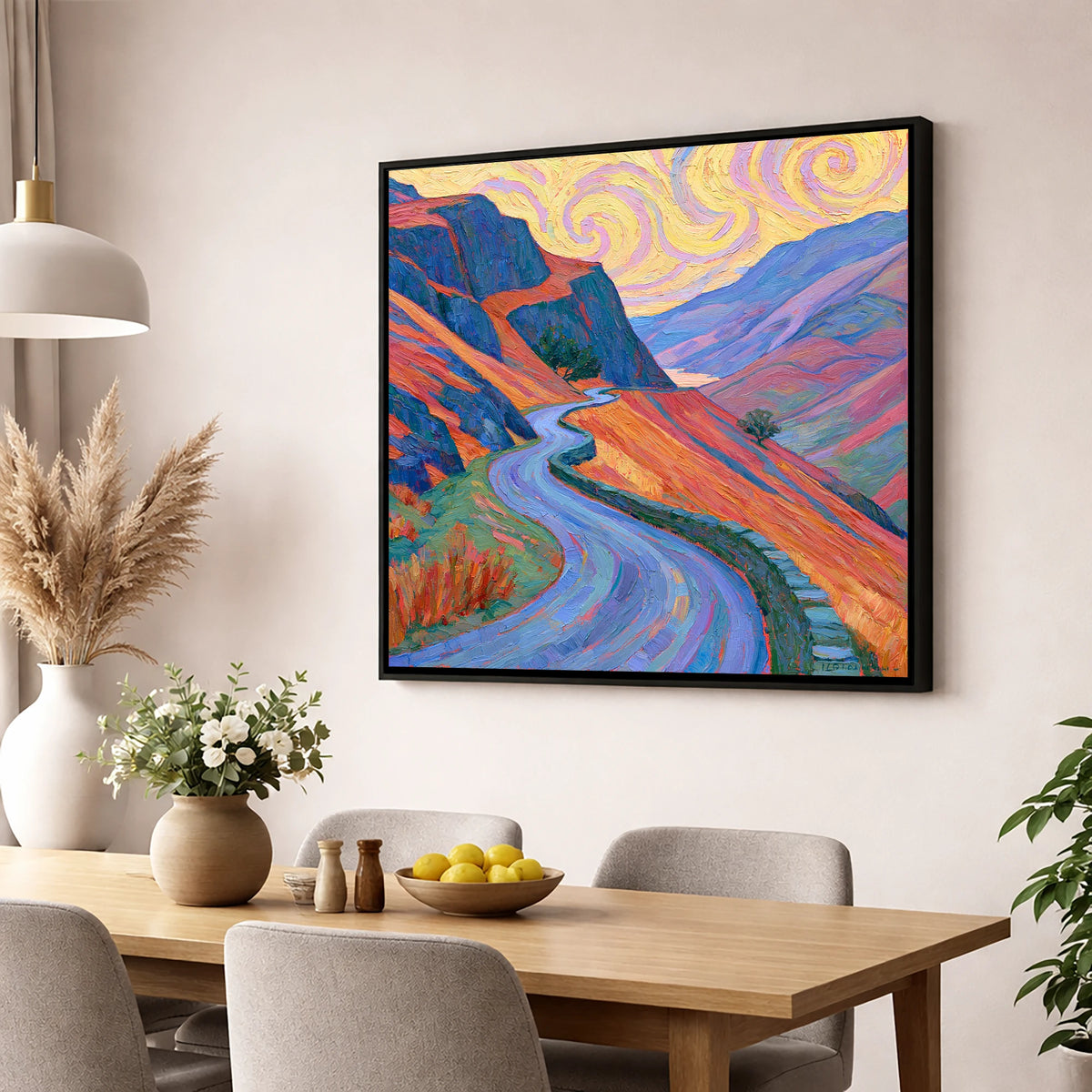 Winding Mountain Pass in Amber and Violet lake district valley wall art displayed in a dining room