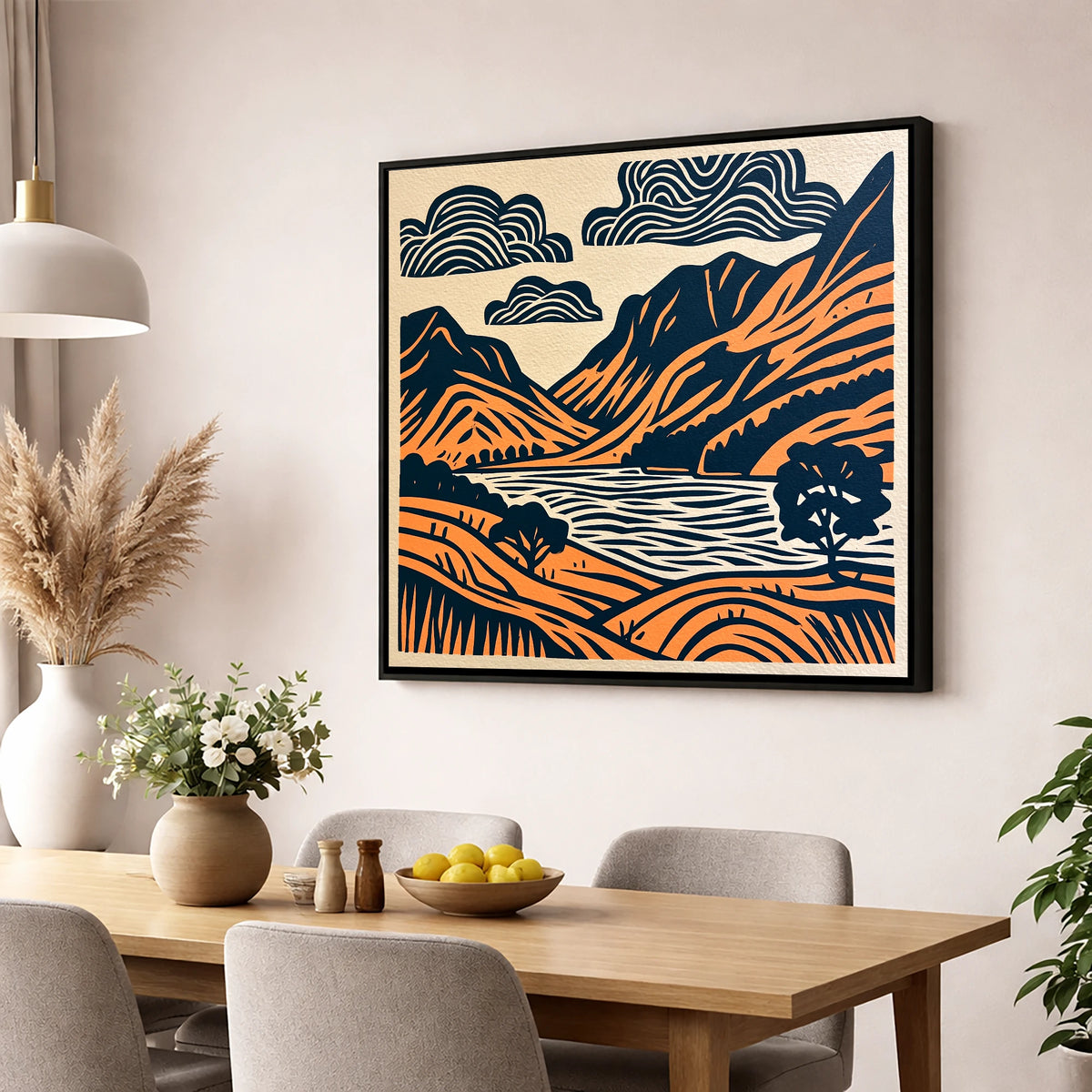 Buttermere Valley in Navy and Terracotta lake district lake wall art displayed in a dining room