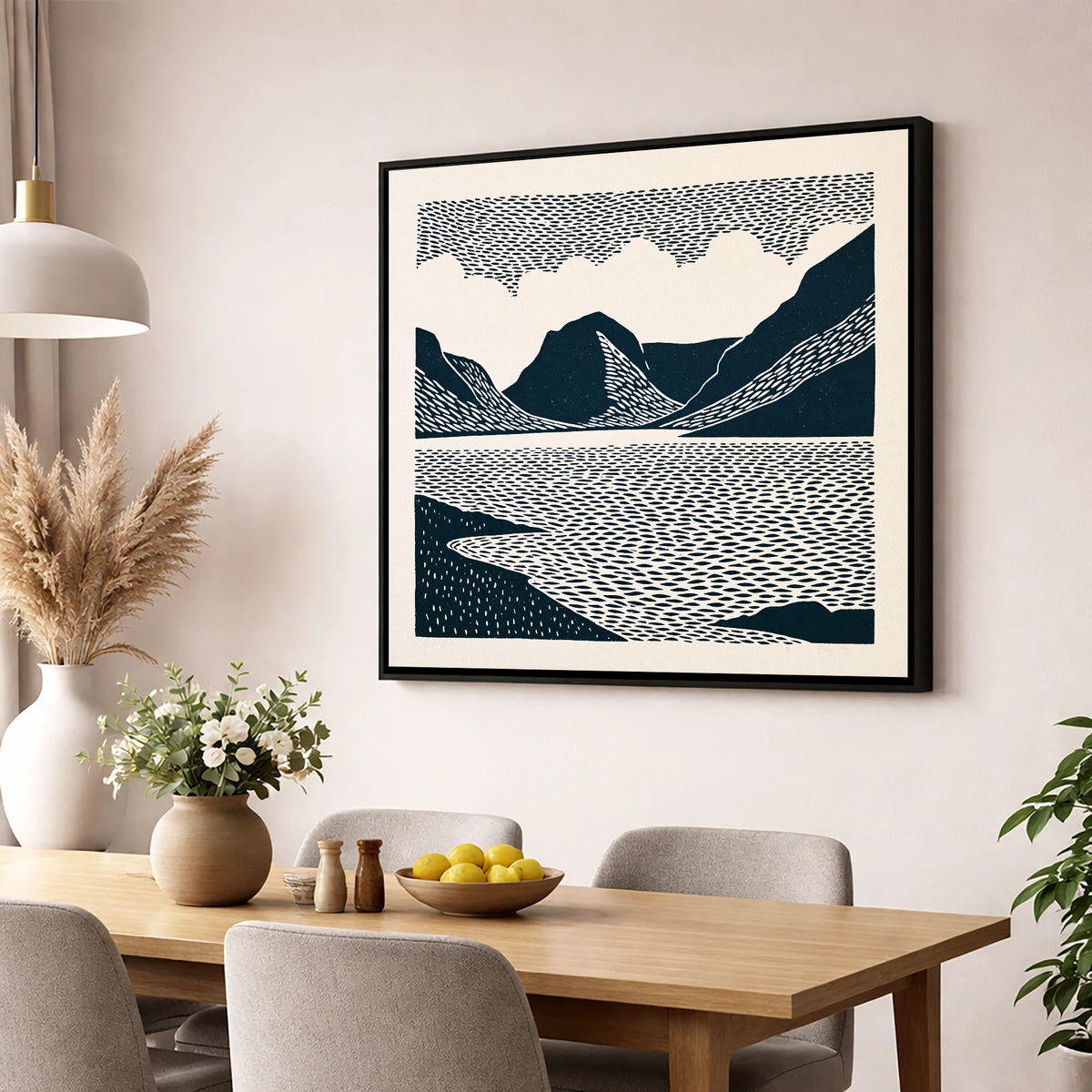 Crummock Water Graphic Landscape lake district lake wall art displayed in a dining room