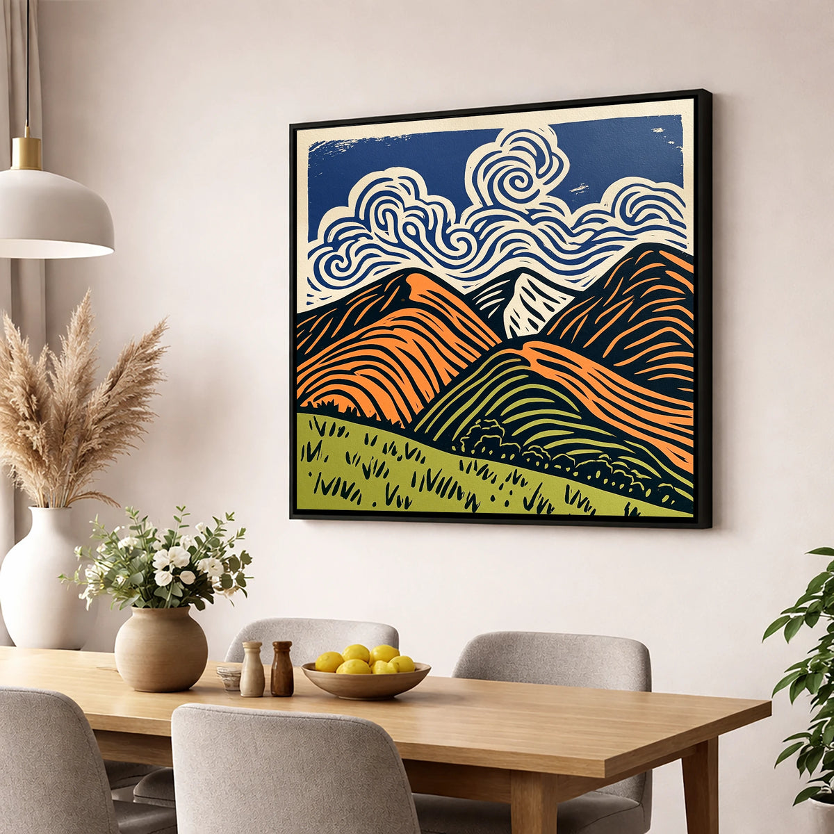 Rolling Fells Under Swirling Clouds lake district fell wall art displayed in a dining room