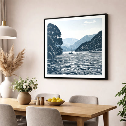 Ullswater Sailboat in Navy Blue lake district lake wall art displayed in a dining room