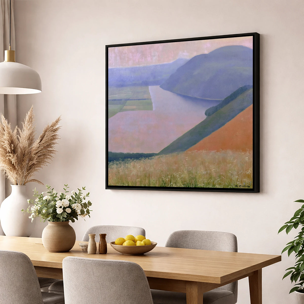 Lavender Dusk Over Bassenthwaite Lake lake district lake wall art displayed in a dining room