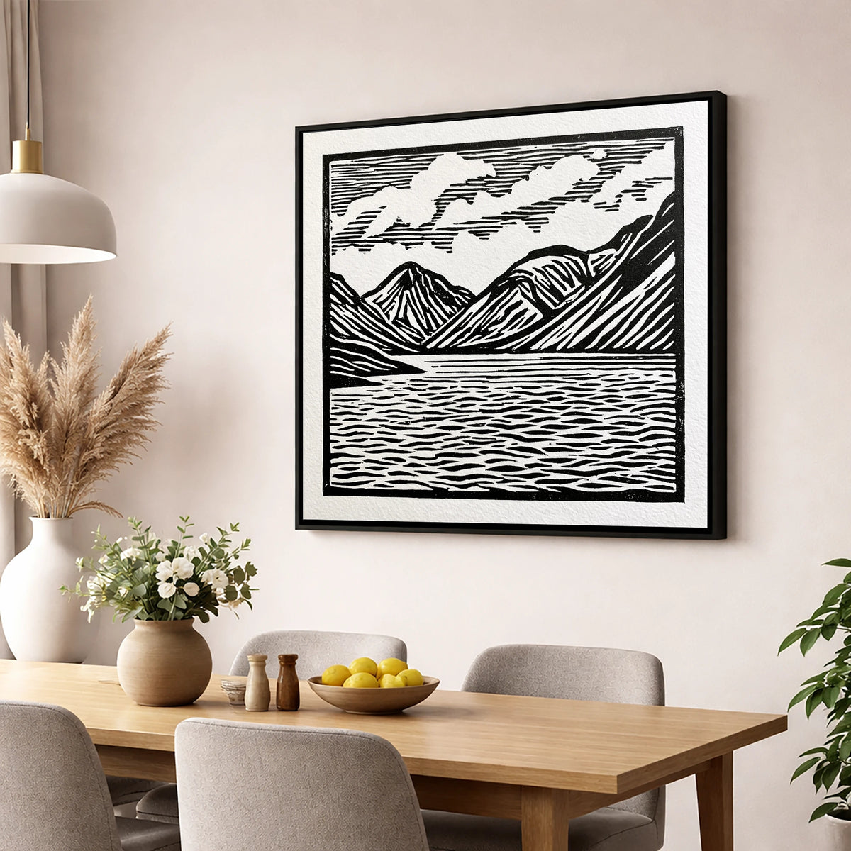 Wastwater Fells in Monochrome lake district lake wall art displayed in a dining room
