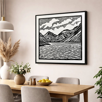 Wastwater Fells in Monochrome lake district lake wall art displayed in a dining room