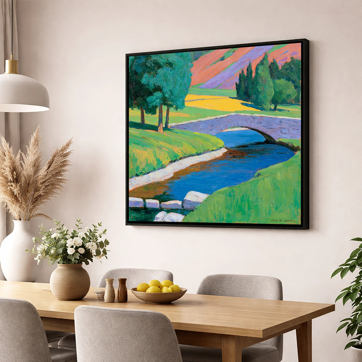 Stone Bridge and Purple Fells lake district waterfall wall art displayed in a dining room