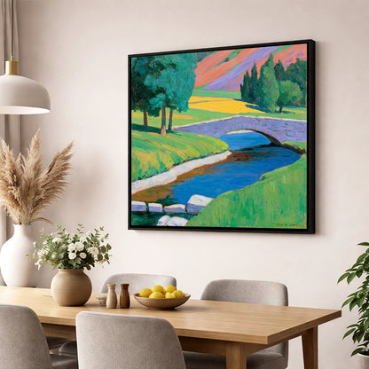 Stone Bridge and Purple Fells lake district waterfall wall art displayed in a dining room