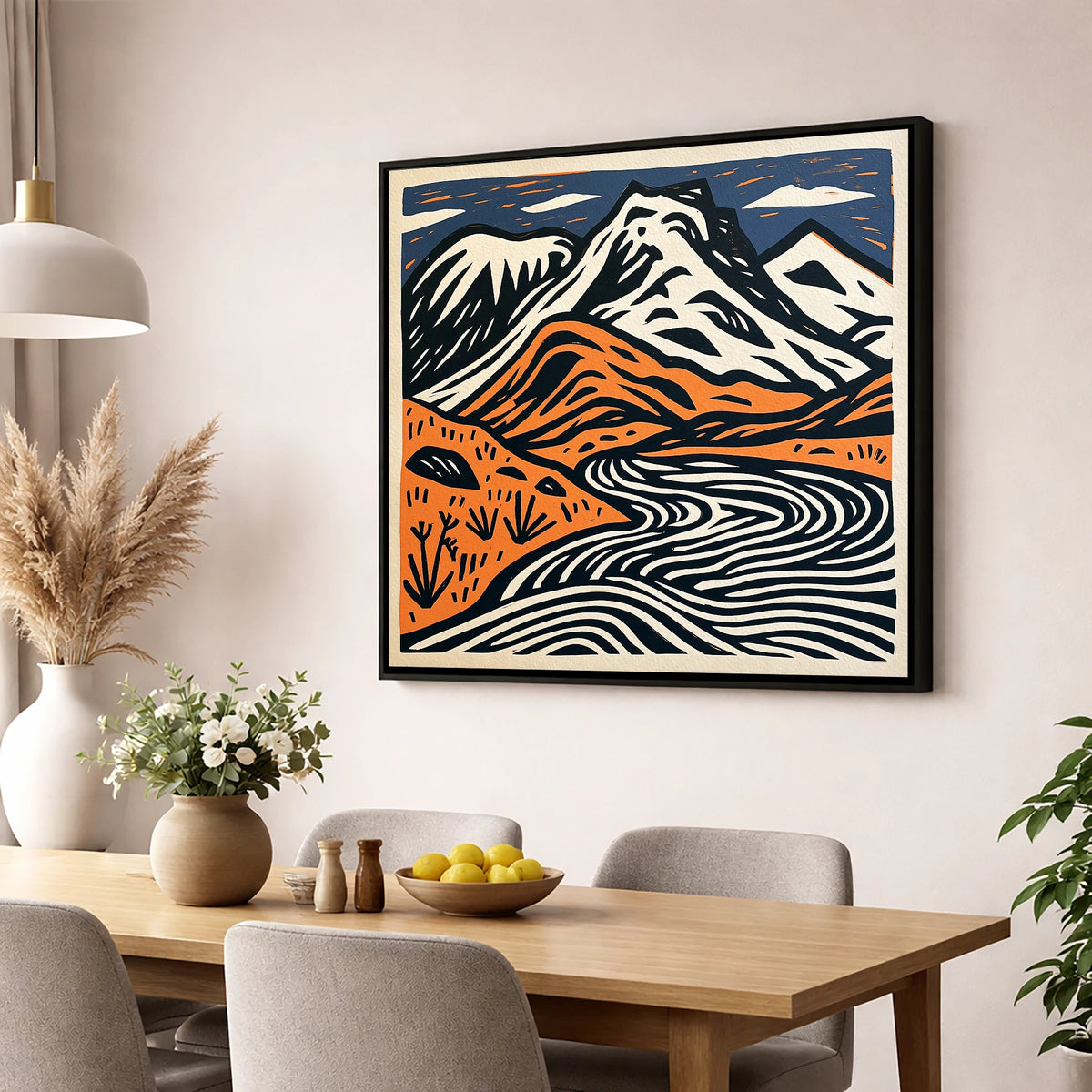 Bowfell in Navy and Terracotta lake district fell wall art displayed in a dining room