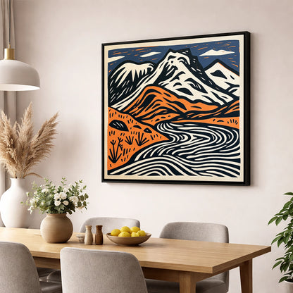 Bowfell in Navy and Terracotta lake district fell wall art displayed in a dining room