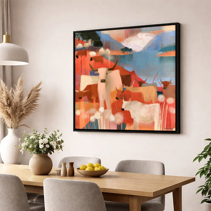 Coral Fells and Highland Cattle lake district wildlife wall art displayed in a dining room