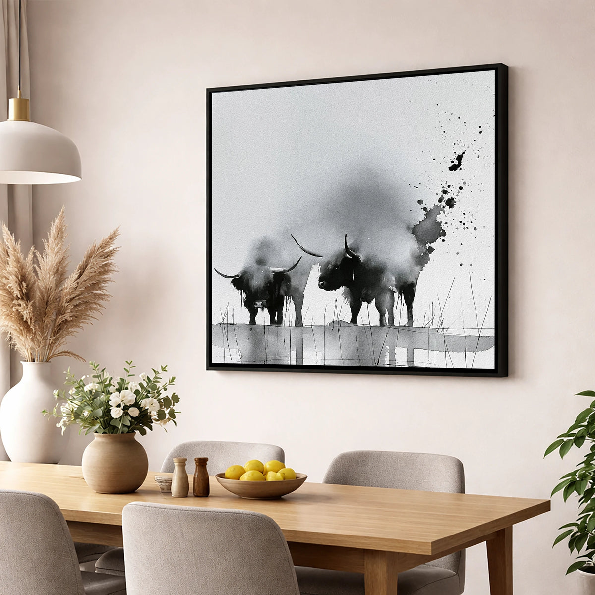 Abstract Monochrome Highland Cattle lake district wildlife wall art displayed in a dining room
