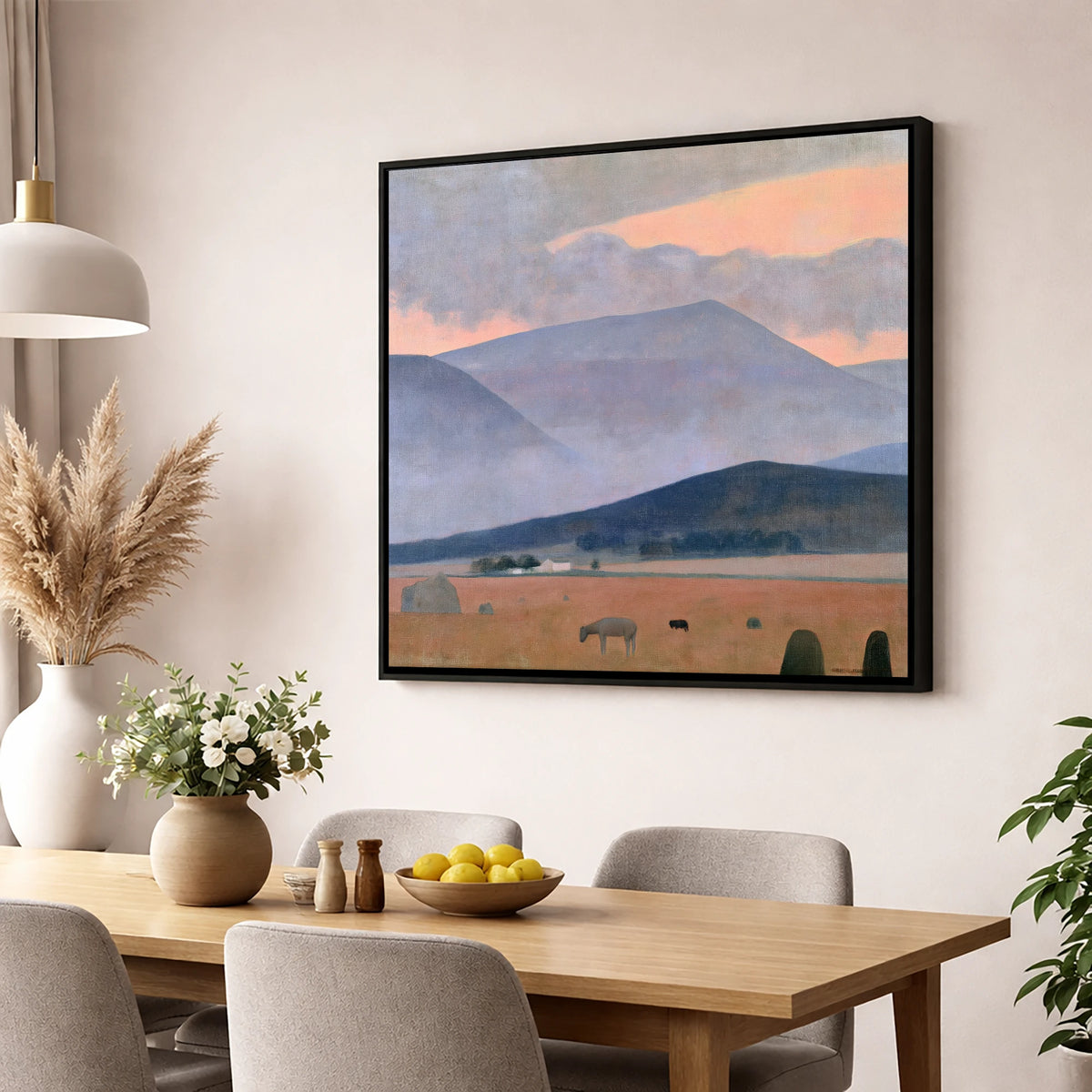 Pastel Storm Over the Fells lake district sky wall art displayed in a dining room