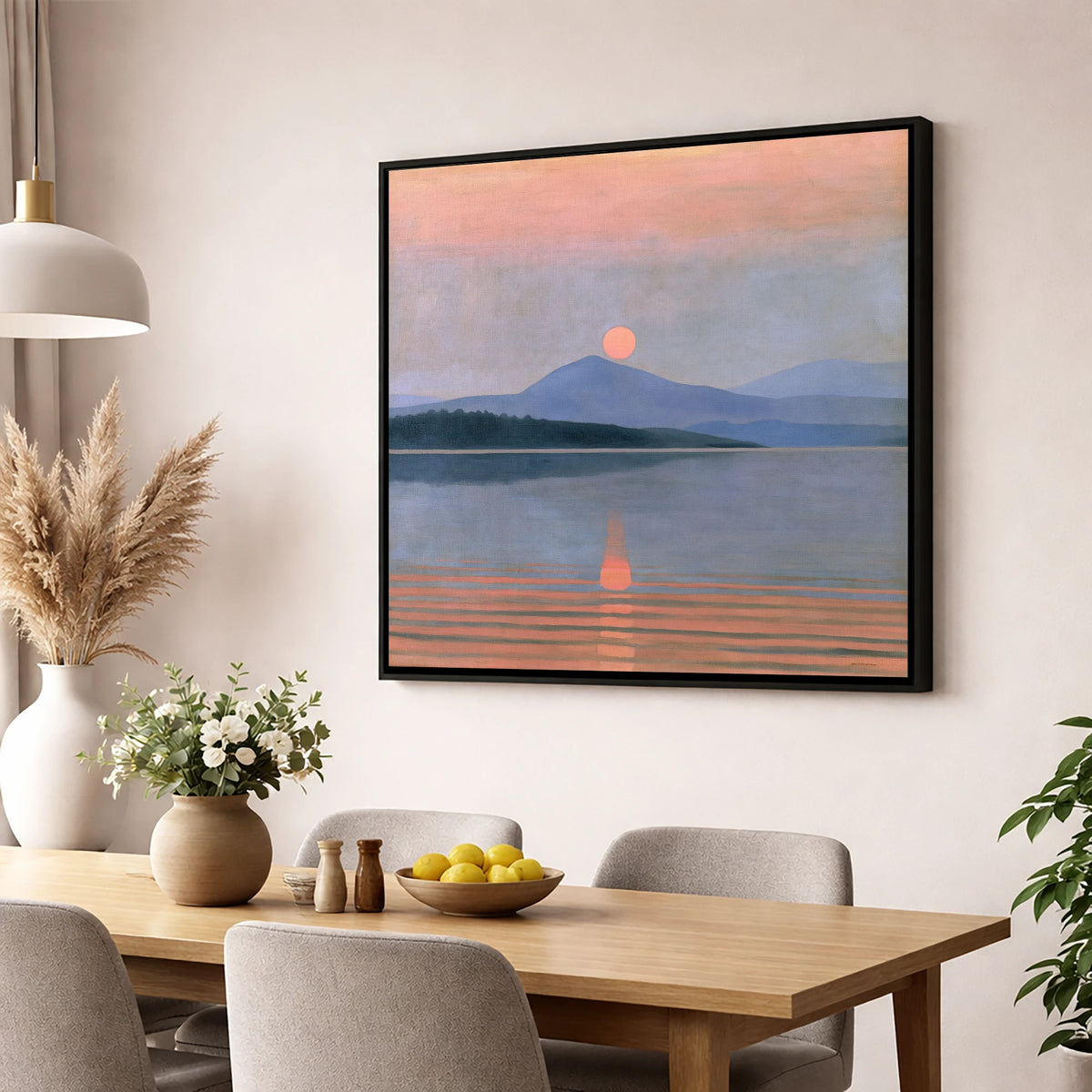 Peach Sunset Over the Water lake district lake wall art displayed in a dining room