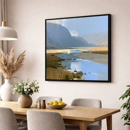River Through Sunlit Valley lake district waterfall wall art displayed in a dining room