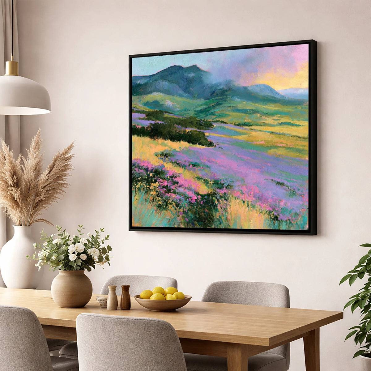 Vivid Heather on Lakeland Fells flowers & fellsides wall art displayed in a dining room