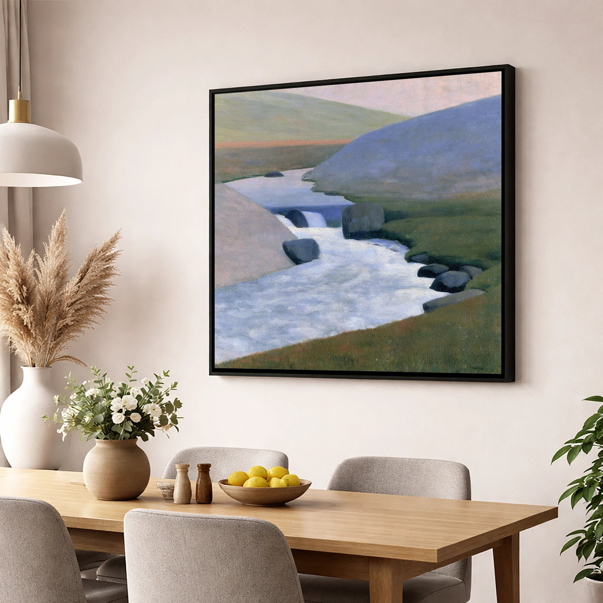 Rushing Beck in Pastel Fells lake district waterfall wall art displayed in a dining room