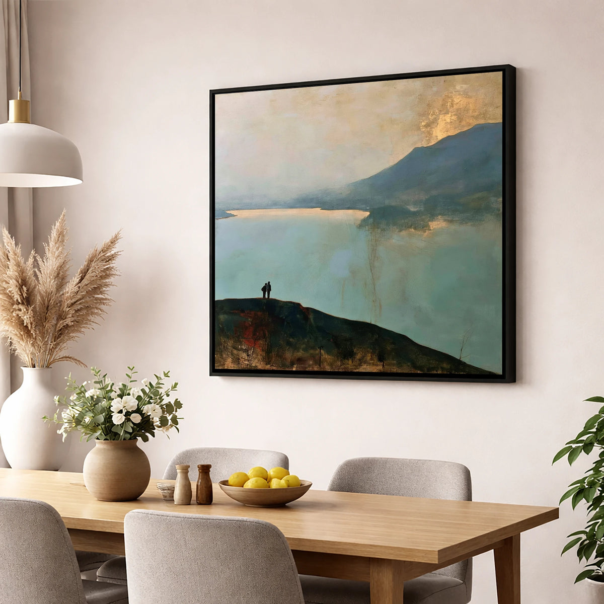 Catbells Walkers in Golden Light lake district fell wall art displayed in a dining room