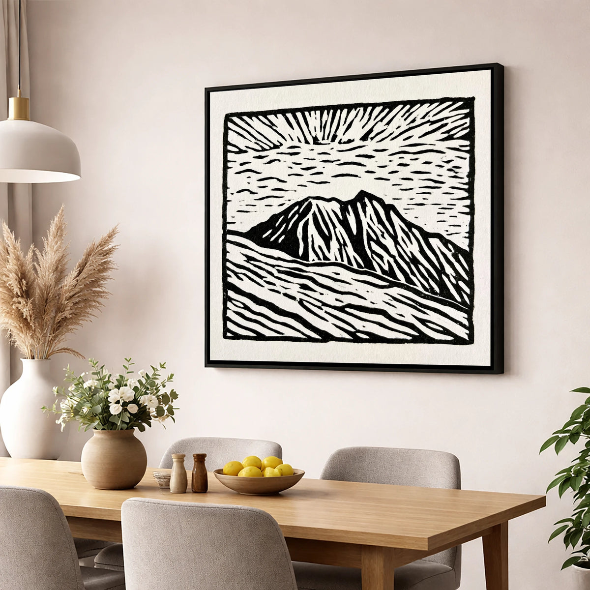 Monochromatic Helvellyn Sunburst lake district fell wall art displayed in a dining room