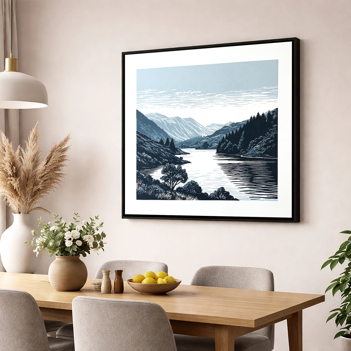 Navy Fells Over Slate Lake lake district lake wall art displayed in a dining room