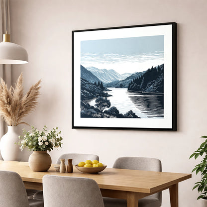 Navy Fells Over Slate Lake lake district lake wall art displayed in a dining room