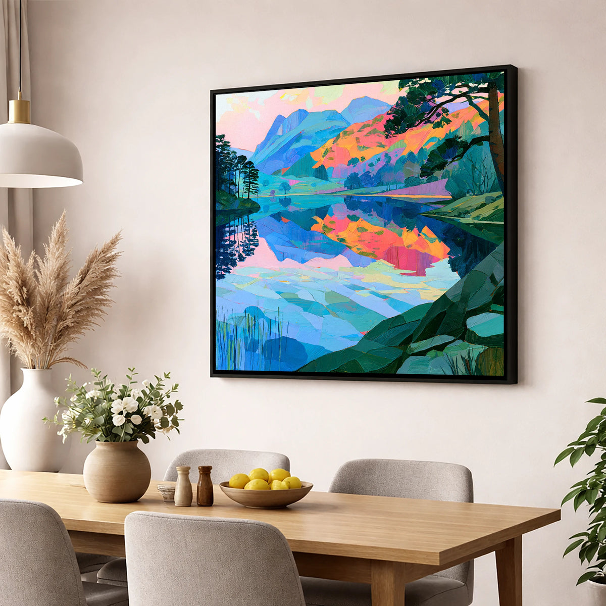 Vibrant Dawn Over Still Lake lake district lake wall art displayed in a dining room