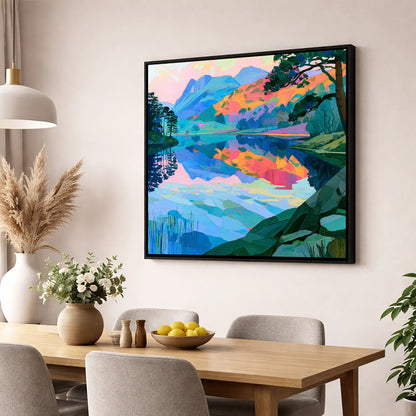 Vibrant Dawn Over Still Lake lake district lake wall art displayed in a dining room
