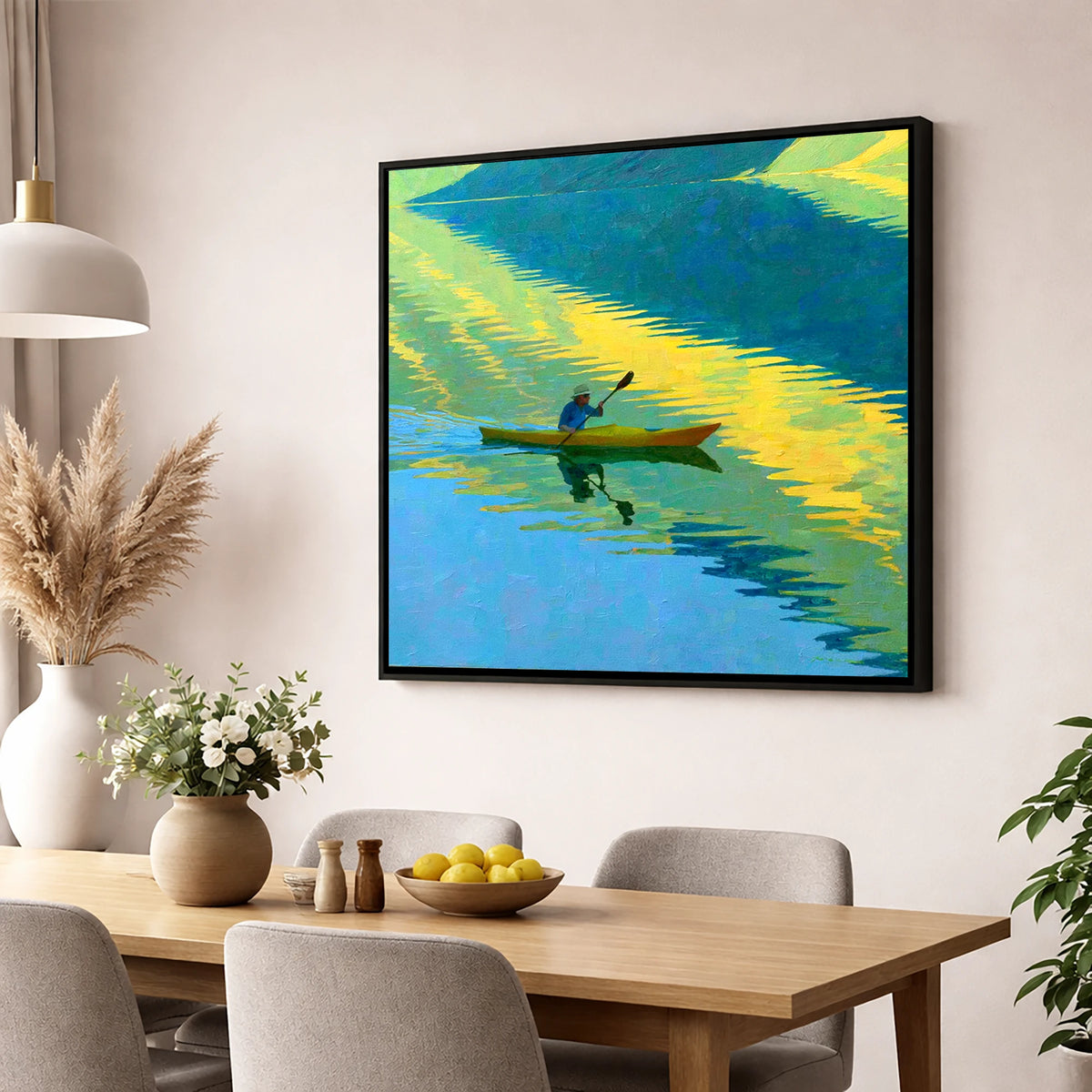 Kayaker on Vibrant Golden Water Reflections lake district walking wall art displayed in a dining room