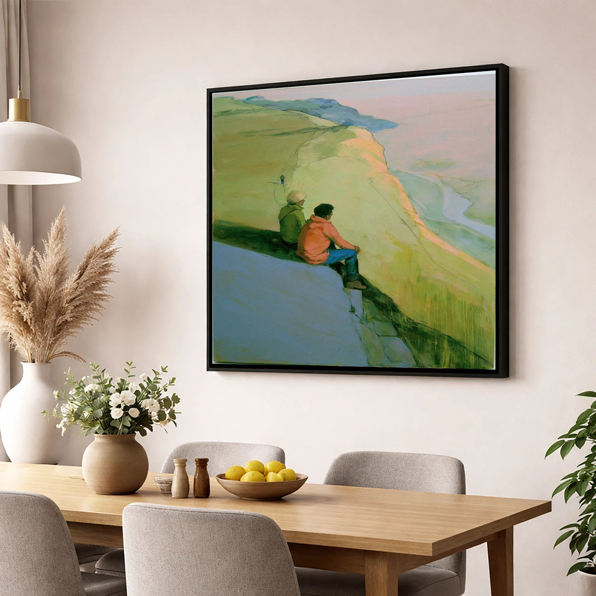 Fell Walkers Above the Valley lake district fell wall art displayed in a dining room