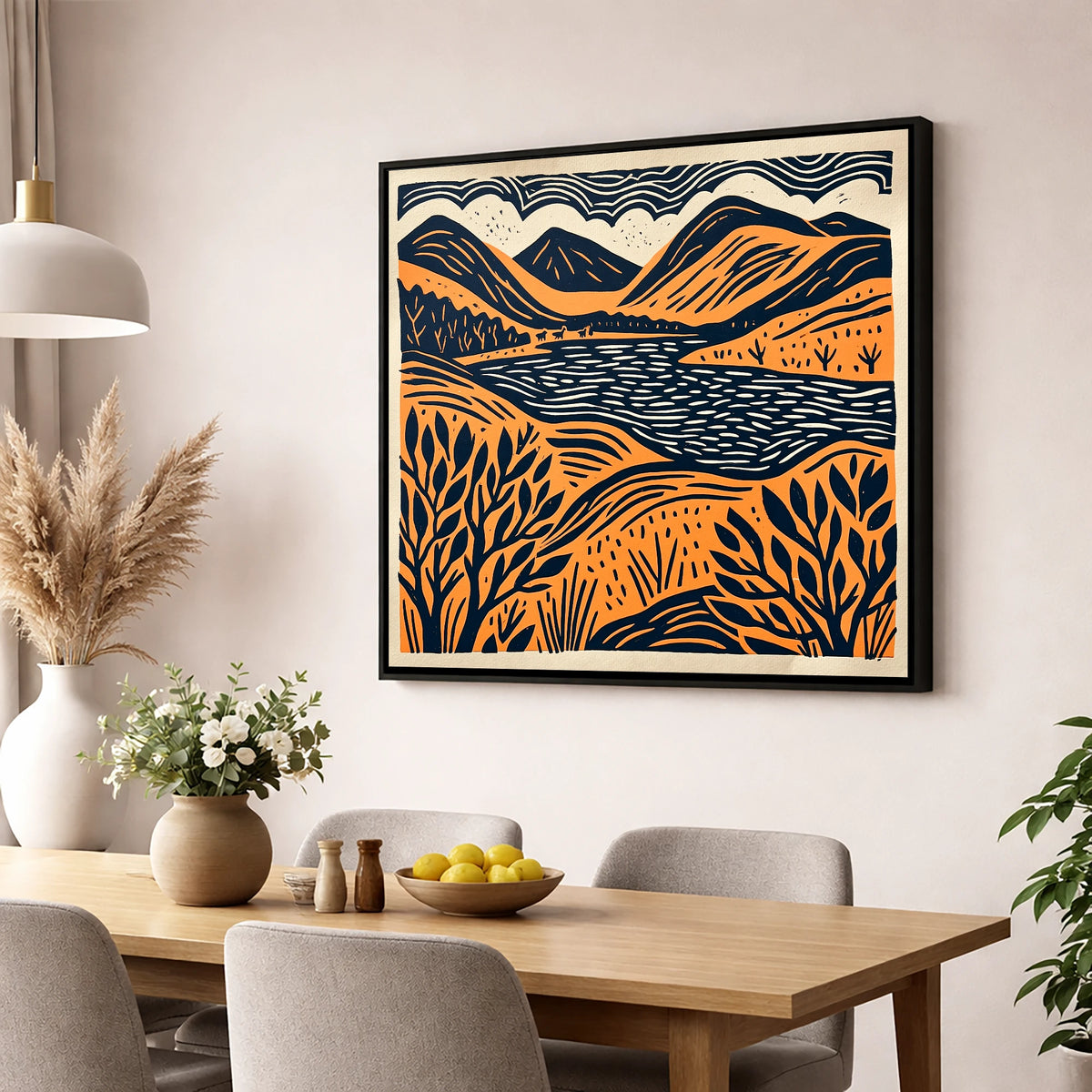 Terracotta and Navy Lake Fells lake district lake wall art displayed in a dining room