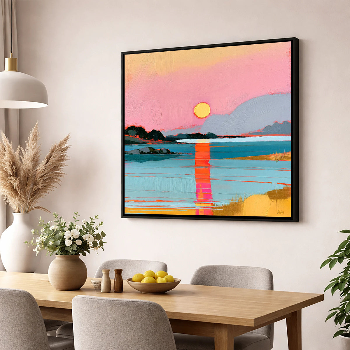 Vibrant Pink Sunset Over Water lake district lake wall art displayed in a dining room
