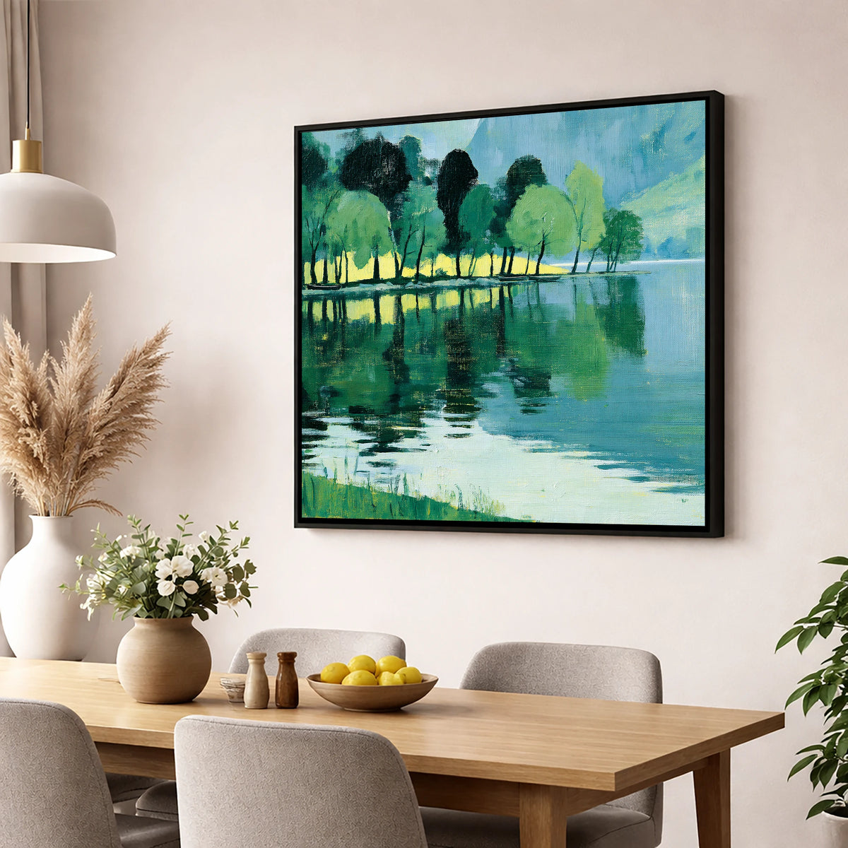 Still Lake Reflections at Dawn lake district lake wall art displayed in a dining room