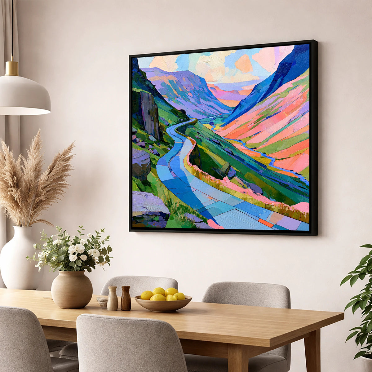 Colourful Winding Mountain Pass lake district valley wall art displayed in a dining room