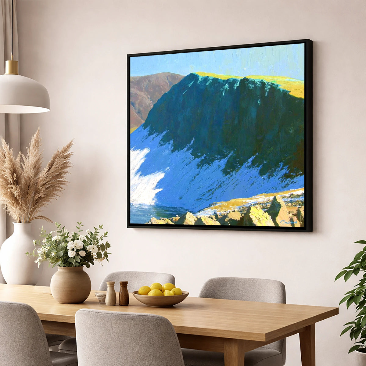 Winter Sunlight on Dow Crag lake district fell wall art displayed in a dining room
