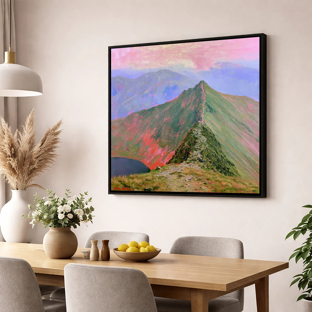 Striding Edge Beneath a Pink Sky lake district walking wall art displayed in a dining room