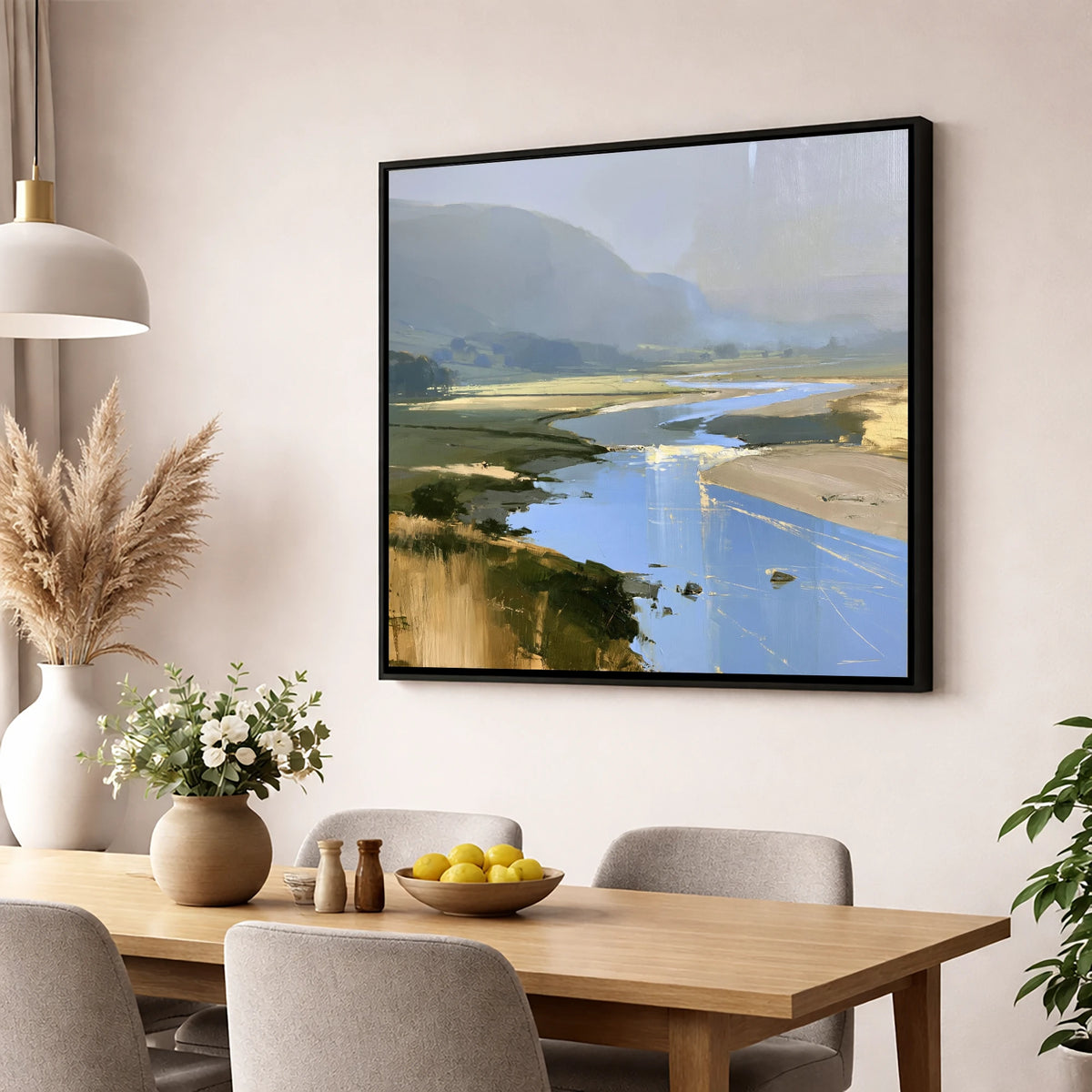 Winding River and Hazy Fells lake district waterfall wall art displayed in a dining room