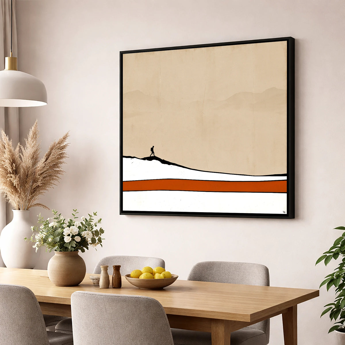 Hiker Silhouette against Distant Fells lake district walking wall art displayed in a dining room