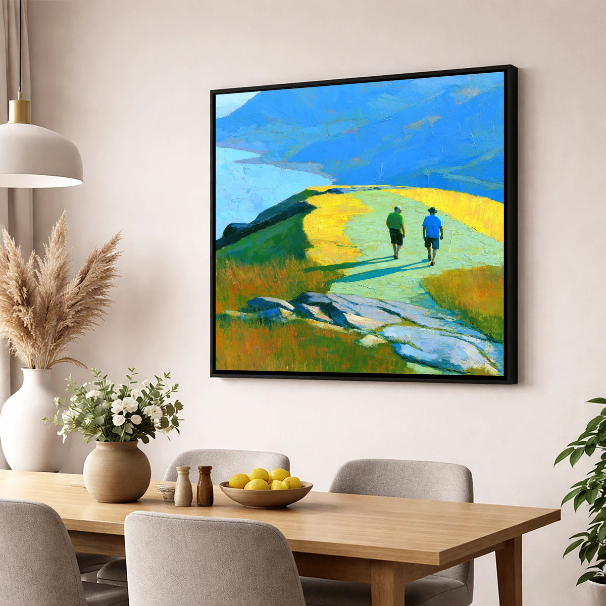 Fell Walkers on a Sunlit High Ridge lake district fell wall art displayed in a dining room