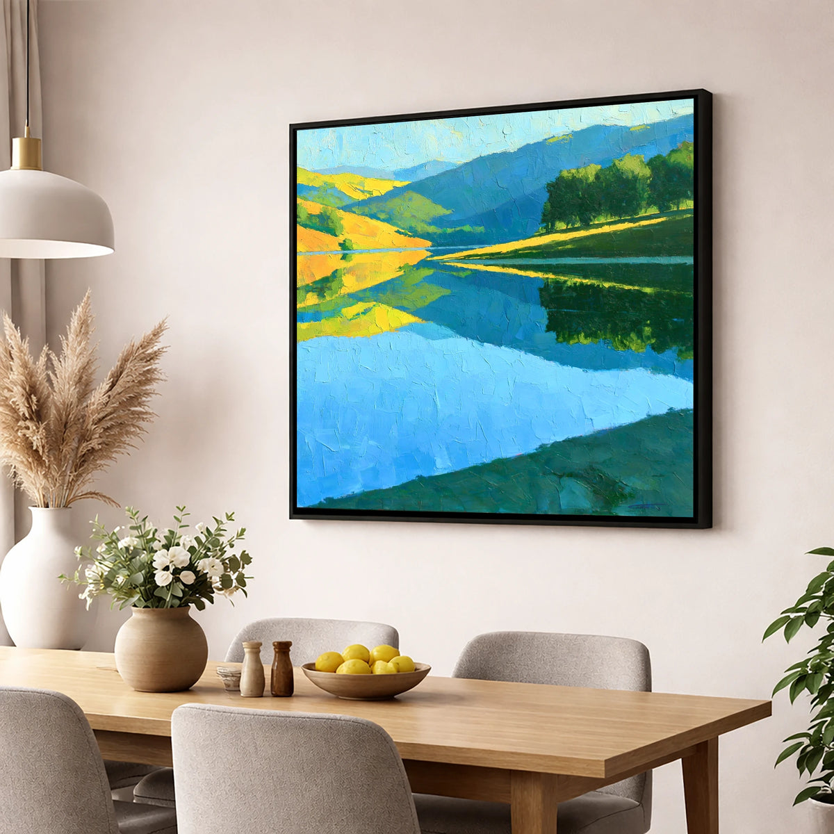 Sunlit Fells Mirrored in Blue Water lake district lake wall art displayed in a dining room