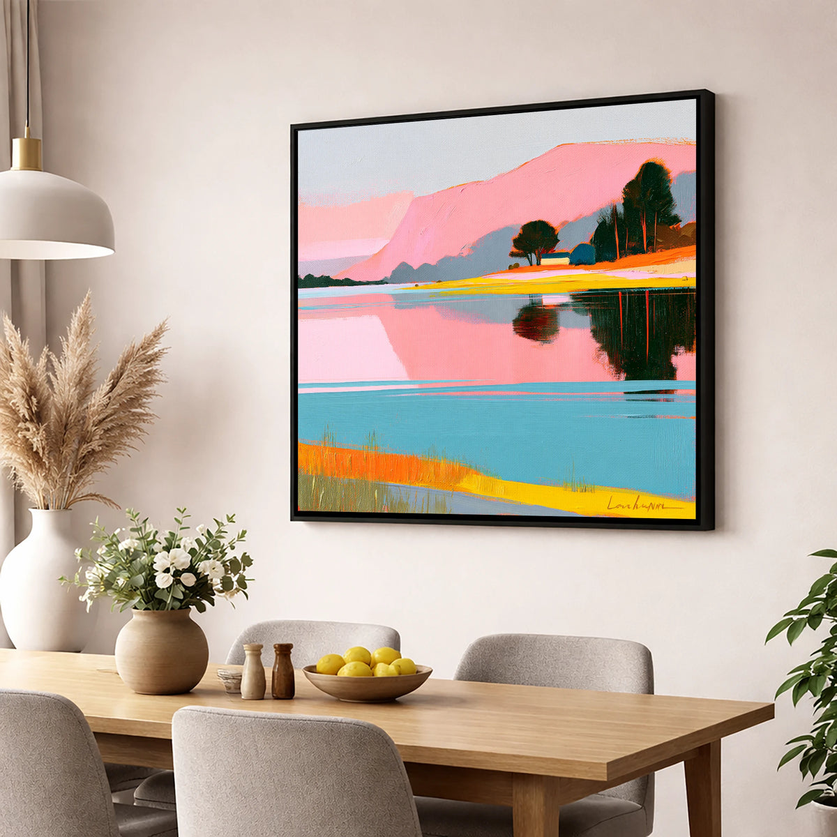 Still Lake and Pink Fells lake district lake wall art displayed in a dining room