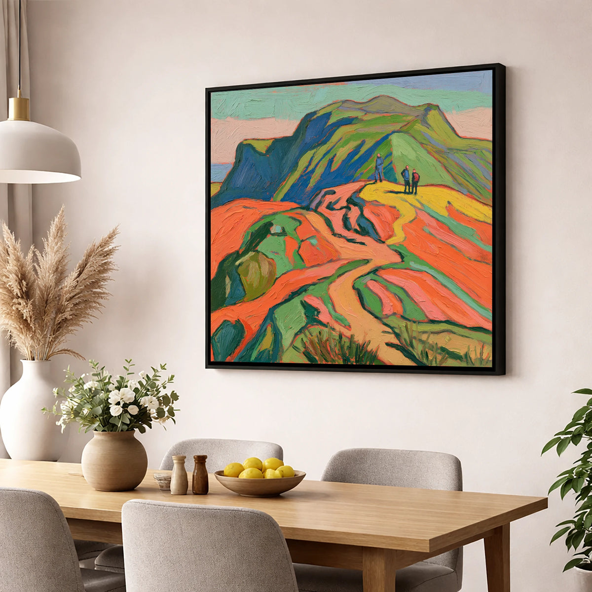 Vibrant Fell Walkers on the Ridge lake district fell wall art displayed in a dining room