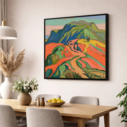 Vibrant Fell Walkers on the Ridge lake district fell wall art displayed in a dining room