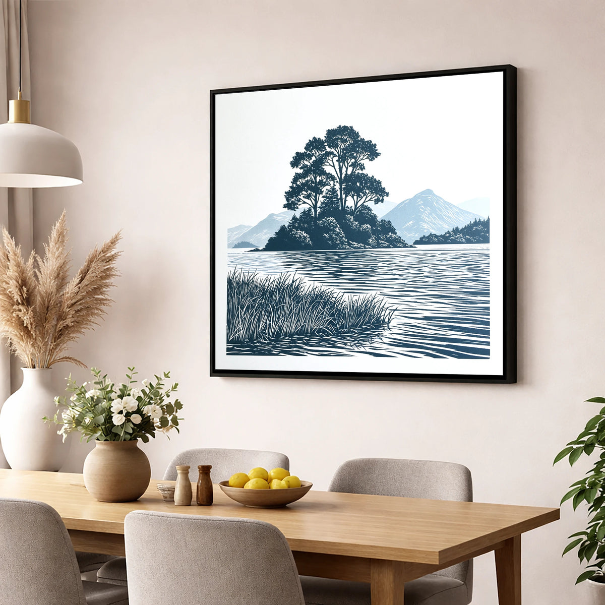 Derwentwater Island in Slate Blue lake district lake wall art displayed in a dining room
