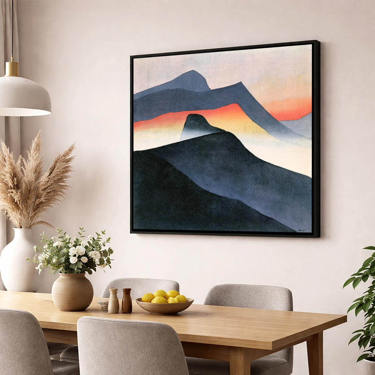 Mountain Ridge in Orange Mist lake district fell wall art displayed in a dining room
