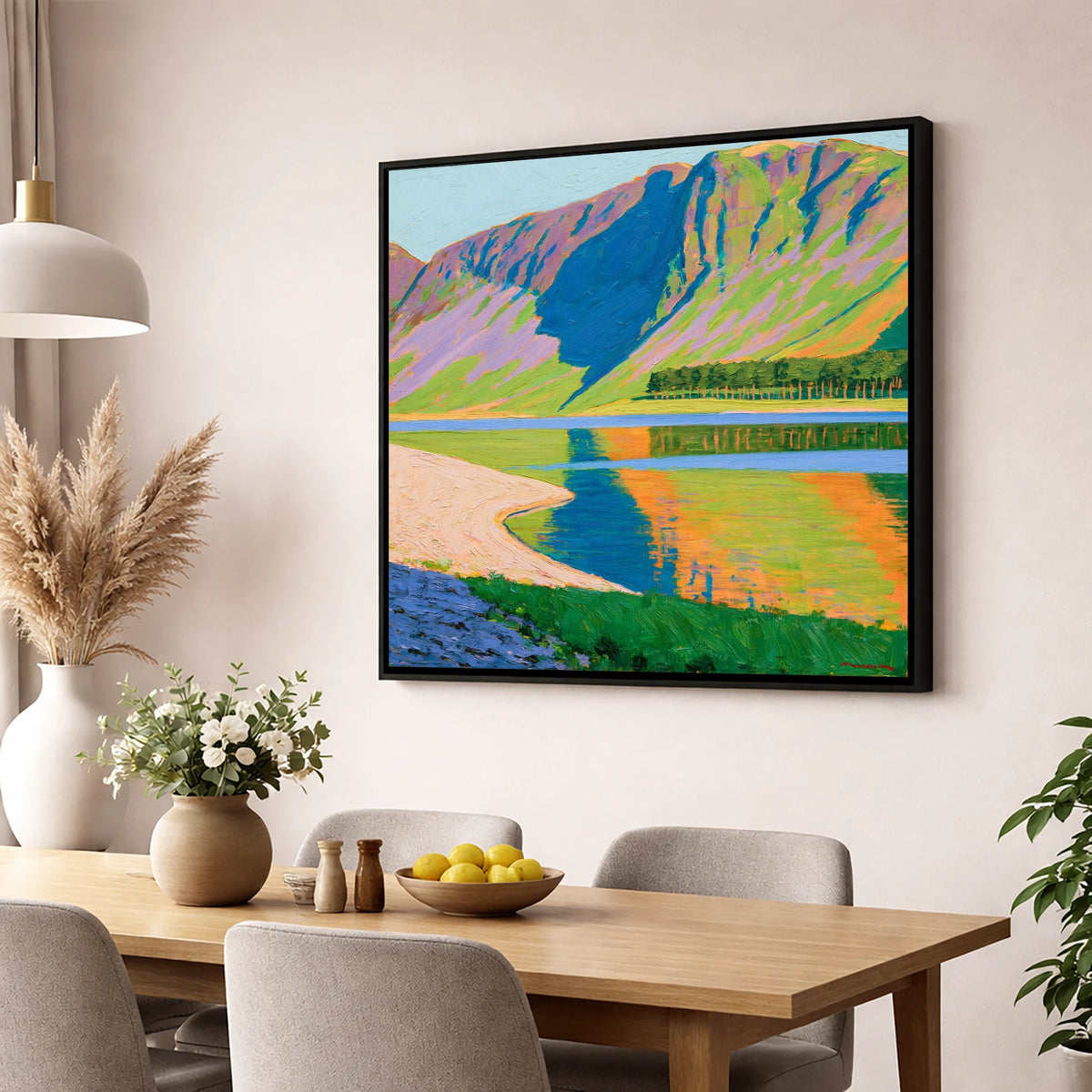 Vibrant Buttermere Lake Reflections lake district lake wall art displayed in a dining room